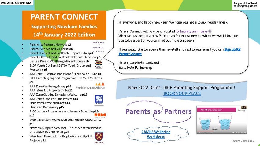 Image of Parent Connect Supporting Newham Families 14th January 2022 Edition